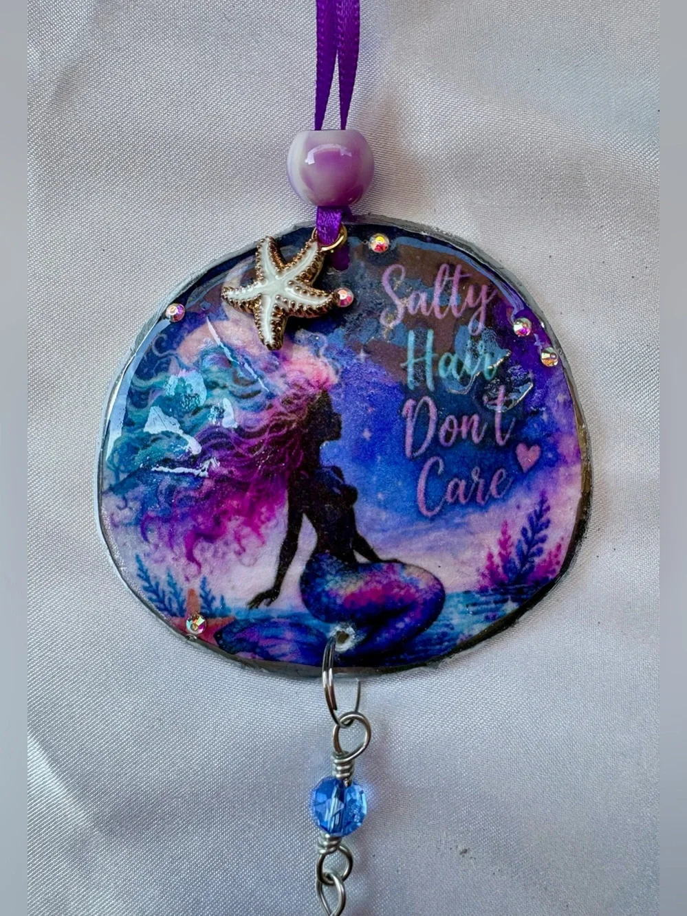 Decoupage Mermaid 'Salty Hair Don't Care' Purple & Blue Crystal Suncatcher